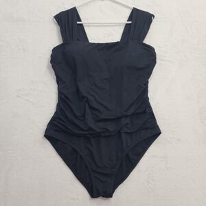 Jantzen Swimsuit Womens 14 Black One Piece Glamour Cap Sleeve Ruched Square Neck